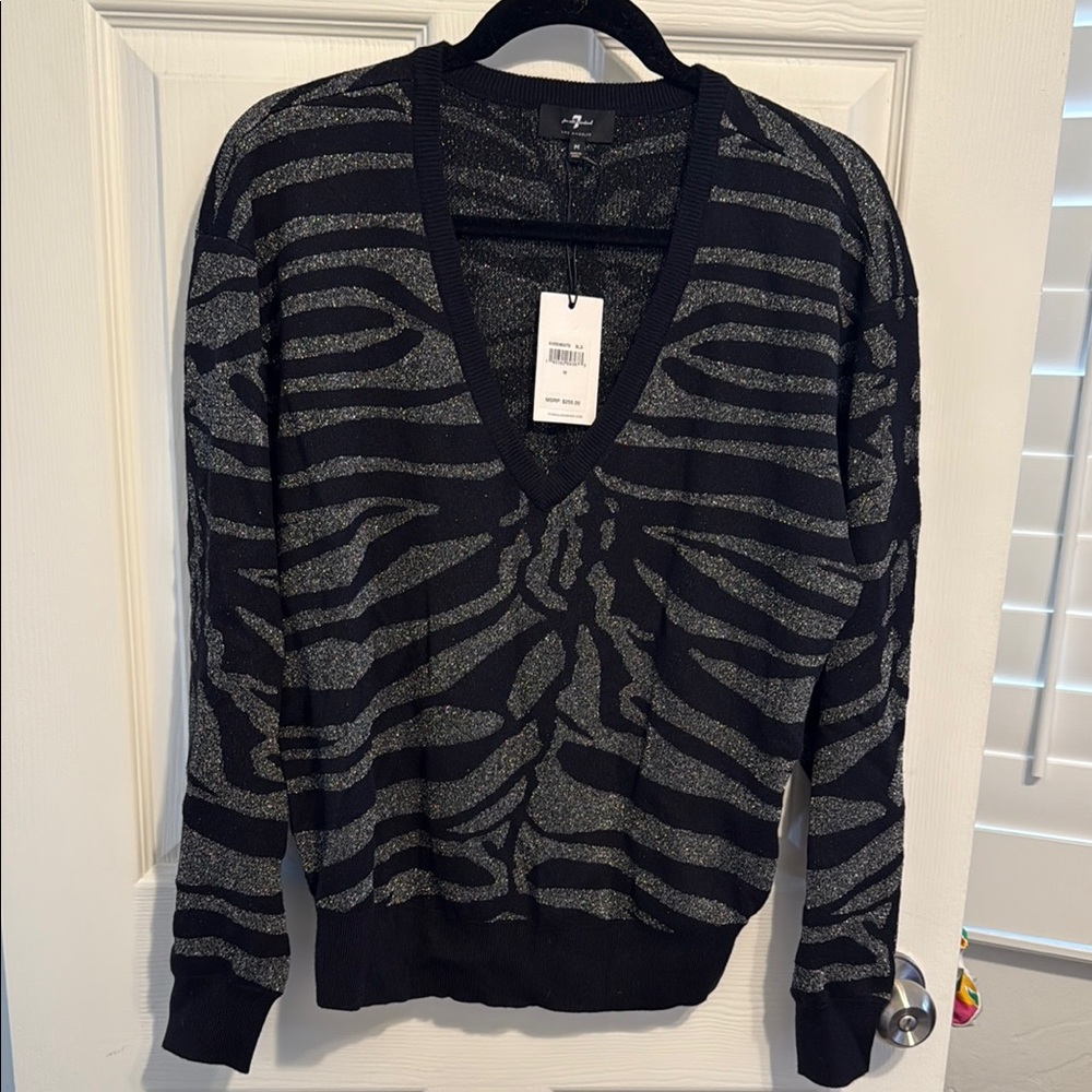 7 For All Mankind Zebra grey sparkle/black V neck sweater